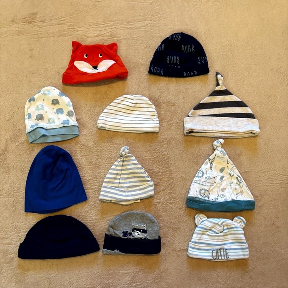 The Unbranded Brand Other - Baby Boy Hat Lot (9) – Mixed Styles Newborn–6M | Animal, Stripe & Knotted Beanie
